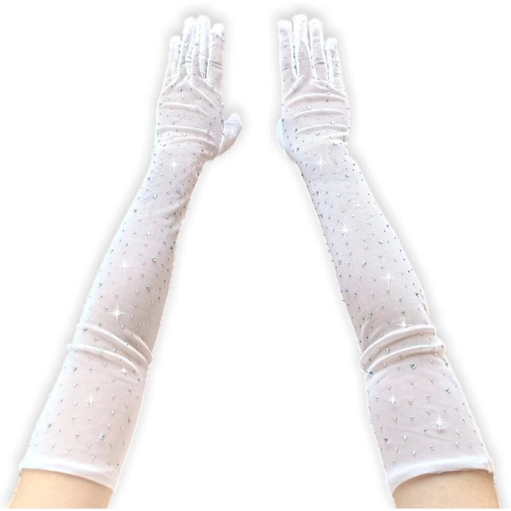 Women's Rhinestone Sparkly Mesh Sheer Gloves White Long Elbow Length Party Prom
